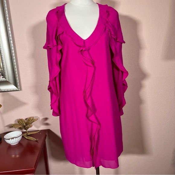 NEW Belle Badgley Mischka Magenta Long Sleeve Ruffle front Mini cocktail Dress - Picture 5 of 17